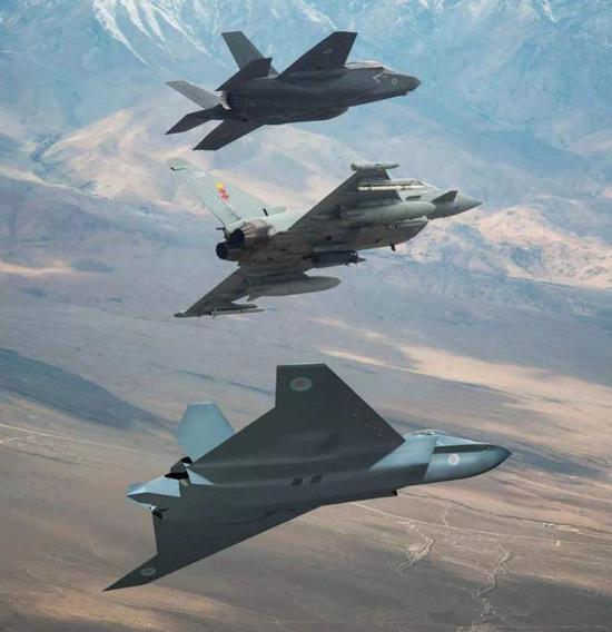 想象中的英国空军未来空中编队，由上至下依次为：F-35、“台风”和“暴风”