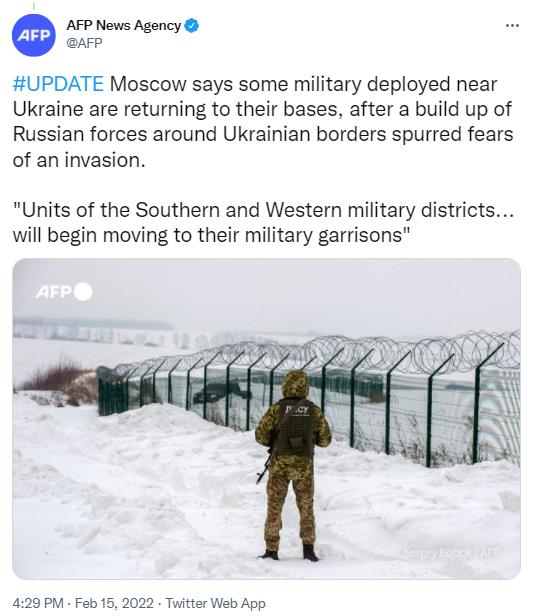 外媒：俄方称部署在乌克兰附近的部分俄军正返回基地