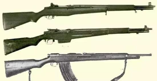 ▲M1步枪（上）与四式步枪（中）和四式乙自动步枪（下）