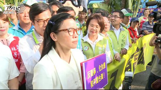 璩美凤在民进党游行中手拿标语现身(图片来源：台湾“TVBS”)