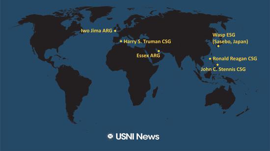 美国海军学院新闻网19日公布了美国海军大型军舰的部署情况