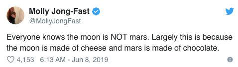 人人都知道月球不属于火星。主要是因为月球是奶酪做的，火星的巧克力做的。