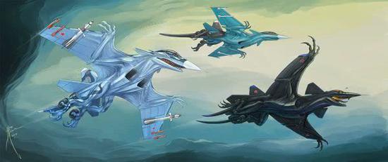 图片：苏霍伊家族的怪兽机，从左到右是苏-33、苏-27、苏-47。