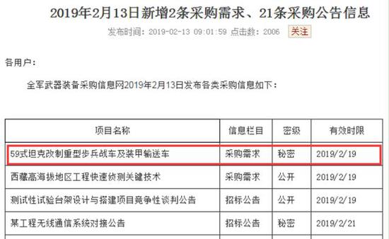 ▲关于解放军采购59改重步战车及装甲输送车的信息(图片来源于:网络)