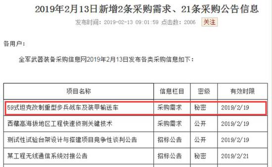 ▲关于解放军采购59改重步战车及装甲输送车的信息（图片来源于：网络）