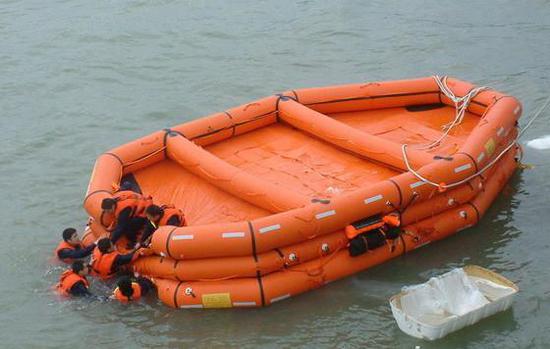 (白色的气胀式救生筏及展开后)