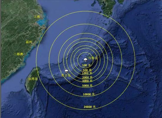 图12  与座岳分屯基地J/FPS-5C型防空警戒雷达最大探测距离示意图