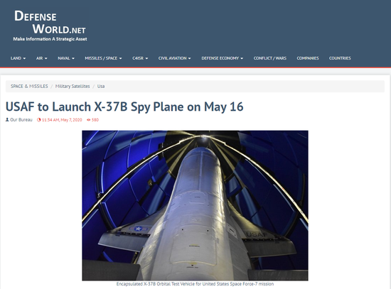 美军X-37B空天飞机将第6次赴太空 会进行更多实验