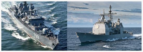 此次事件的两位主角：俄罗斯“雅罗斯拉夫·穆德雷”号护卫舰（左）与美国“圣哈辛托”导弹巡洋舰（右）