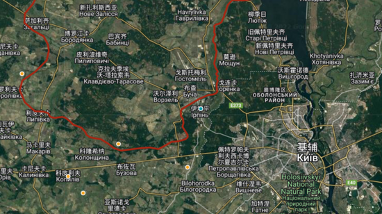 伊尔平市位置，在基辅西北，戈斯托梅利机场和布查南方，是基辅的卫星城 图源：