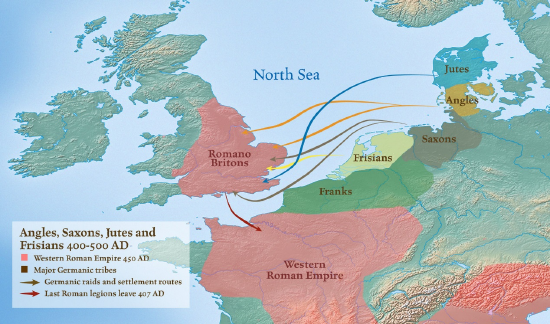 来自欧洲大陆的盎格鲁人、撒克逊人、朱特人入侵不列颠岛