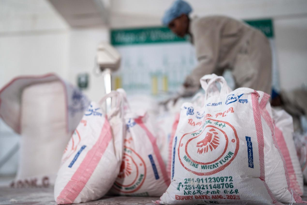 埃塞俄比亞的Wakene麵粉廠裝備了Sanku的營養增量機，工人們正在將小麥麵粉包裝進袋子裡。升級後的營養增量機可將小麥作為原料，其預混料倉也經過特殊設計，可防止紫外線破壞營養物質。©Rolex/Aurélie Marrier D‘Unienville