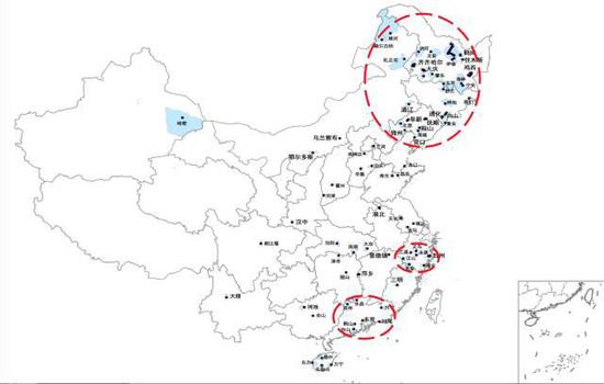 （图为吴康利用2007-2016中国城市建设统计年鉴发现的收缩城市地图）