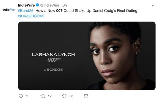 没了美艳的“邦女郎” 007将成为一名黑人女性? 推特截图。