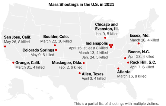  2021年美国发生的部分大型枪击案。图源：New York Times