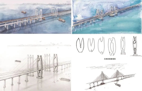 泉州湾跨海大桥手绘图及方案构思演变 　。ㄍ荚：铁四院严爱国团队）