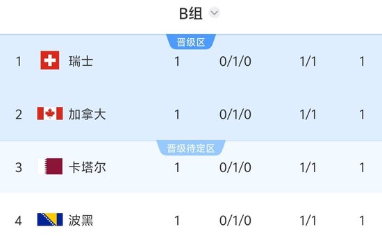 两场都是1-1！B组积分榜：瑞士、加拿大、卡塔尔、波黑同积1分