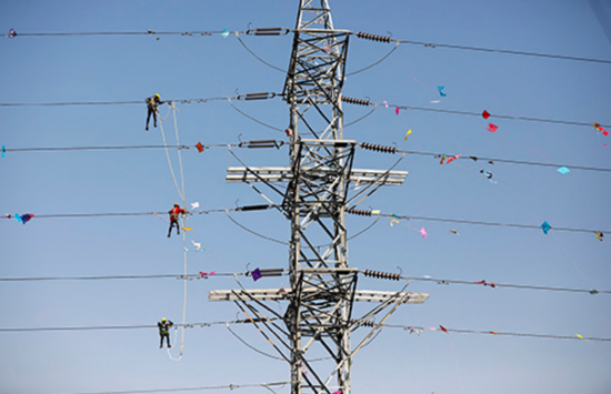 2020年1月16日，印度艾哈迈达巴德，电力公司工作人员清理缠绕在电线上的风筝线。