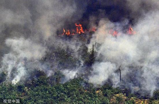 当地时间8月23日，巴西北部隆多尼亚州，航拍亚马孙雨林火灾灾区。