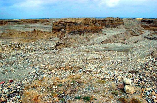 △曾经贺兰山非开采区内被挖得千疮百孔的土地（新华社记者王广壮 摄）