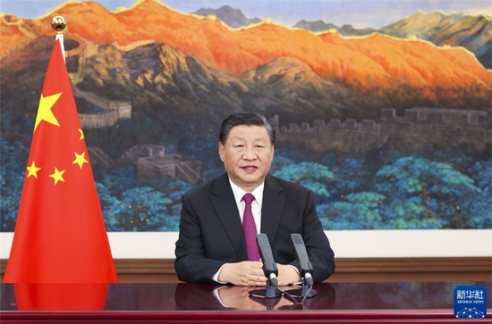 2021年10月1日，习近平为阿联酋迪拜世博会中国馆作视频致辞。新华社记者 黄敬文 摄