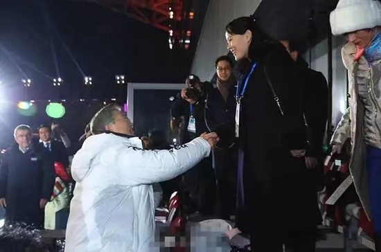 平昌冬奥会开幕式上，文在寅和朝鲜代表团核心人物、金正恩胞妹金与正热情握手