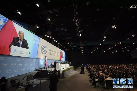 ▲12月3日，在波兰卡托维兹，联合国秘书长古特雷斯在联合国气候变化大会高级别会议上发言。
