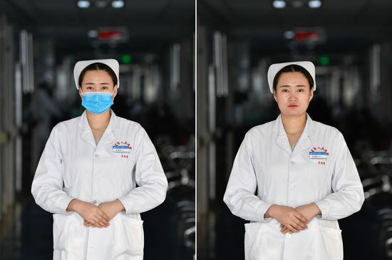 12月19日，刘海婷在海东市第一人民医院内（拼版照片）。