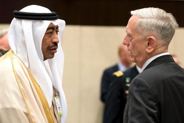 美国防部长马蒂斯与沙特副国防部长默罕默德·阿耶什谈话（资料图，图源：防务新闻网站）