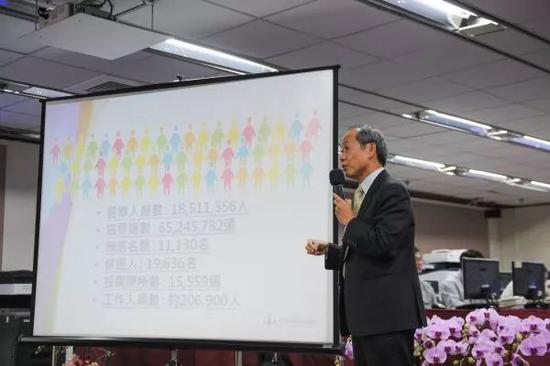 ▲资料图片：2014年11月28日，在台湾“九合一”选举的选情中心举行的作业总预演及记者会上，工作人员在介绍选举准备情况。（新华社）