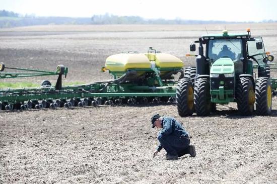2019年4月，在美国艾奥瓦州卡斯县大西洋镇，农场主比尔·佩雷特检查播下的种子是否合乎耕作要求。（新华社记者王迎摄）