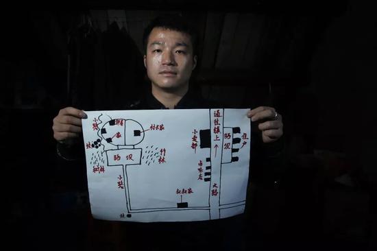 2019年2月27日，上海，在王永福租住的阁楼里，他拿着根据自己丢失前对家及家周边的情况画的示意图。新京报记者尹亚飞 摄