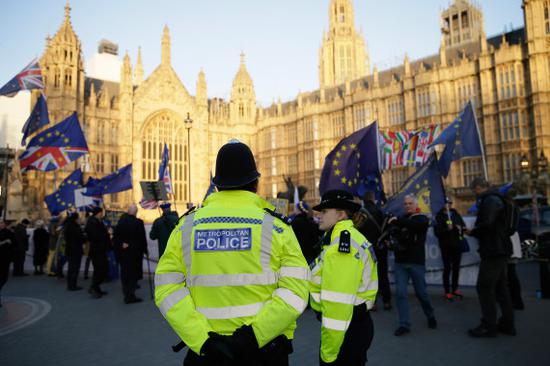 2019年1月8日，在英国伦敦，警察在议会大厦前执勤。（新华社发，蒂姆·爱尔兰摄）