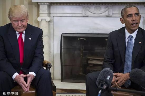 2016年奥巴马与特朗普在白宫会面，商讨政权交接。/视觉中国