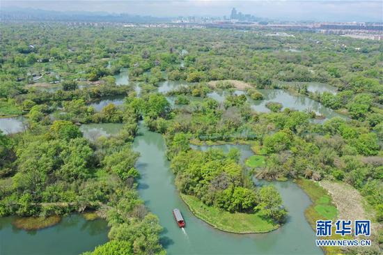 游船行驶在杭州西溪湿地水道上（4月1日摄）。新华社记者 翁忻旸 摄