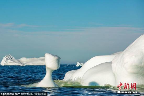 资料图：格陵兰岛西海岸，北极圈以北250公里处的迪斯科湾，许多冰山漂进峡湾，并逐渐融化。图片来源：Sipaphoto 版权作品 禁止转载
