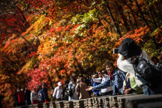 10月7日,游客在辽宁省本溪满族自治县大石湖风景区内拍照留念。(新华社记者潘昱龙摄)