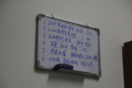 这是邱军办公室里他记录日常工作用的白板(1月23日摄).