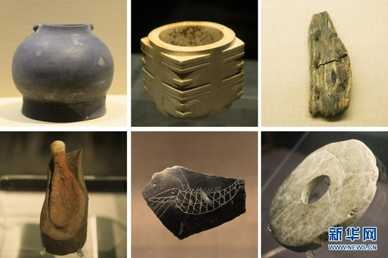拼版照片：这是良渚文化遗址出土的（上排左起）黑陶器、玉琮、木屐、（下排左起）漆器、陶片和玉璧。新华社记者 翁忻旸 摄