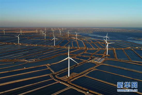 这是河北省唐山市乐亭县姜各庄镇海边养殖区内的风电场（11月10日无人机拍摄）。新华社记者 杨世尧 摄