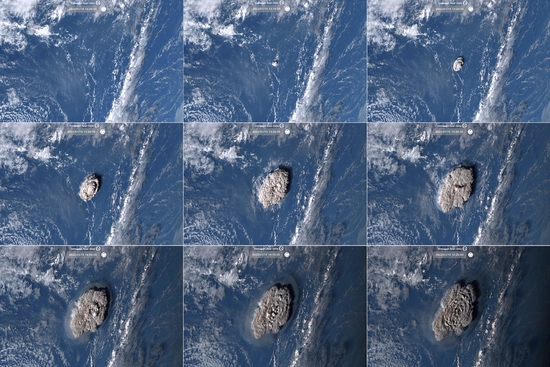 当地时间2022年1月15日，卫星照片组合图：洪阿哈阿帕伊岛海底火山（Hunga Tonga Hunga Ha‘apai）剧烈喷发过程。