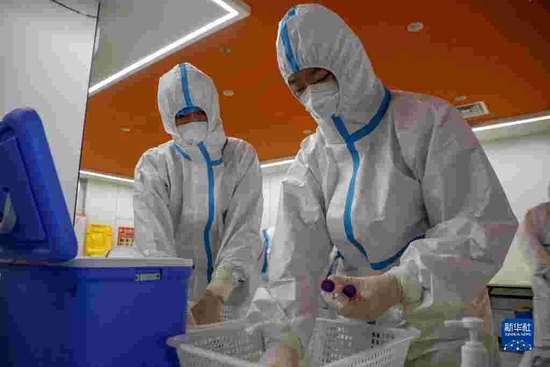 1月12日，工作人员在河南安阳市整理核酸检测样本。新华社 麻翛然摄