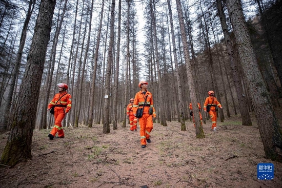 宁夏固原市六盘山林业局二龙河国有林场的工作人员在所辖林区进行防火巡护巡查（2022年3月17日摄）。新华社记者 杨植森 摄