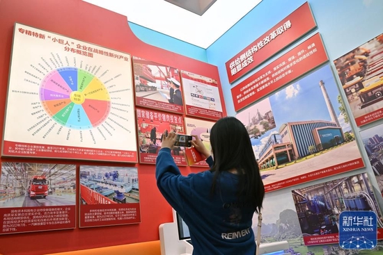 10月8日，一名观众在中央综合展区内拍摄专精特新“小巨人”企业在战略新兴产业分布概览图。新华社记者 李鑫 摄