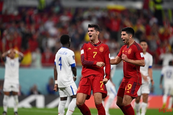 西班牙球员莫拉塔庆祝进球。红星新闻记者 刘海韵 发自卡塔尔世界杯现场