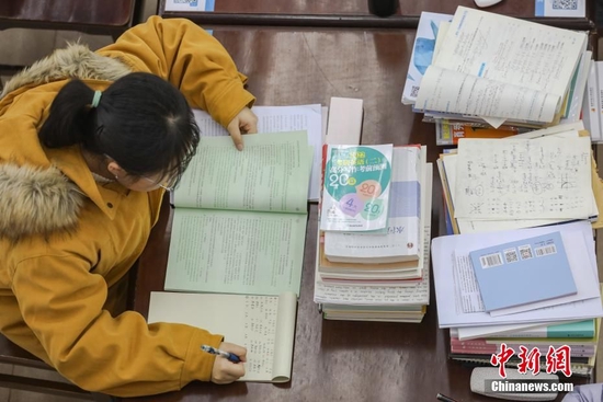 资料图:一位考研学生在南昌大学图书馆的自习室内复习备考。 刘力鑫 摄