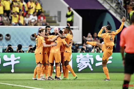 荷兰队球员庆祝进球 红星新闻记者 刘海韵 发自卡塔尔世界杯现场