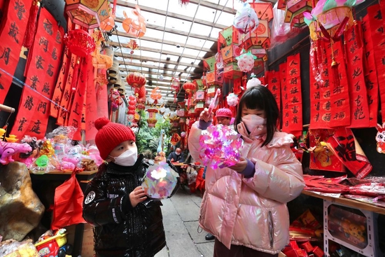 图为1月17日，福州三坊七巷历史文化街区，两位小朋友在购买彩灯。　新华社记者　姜克红摄