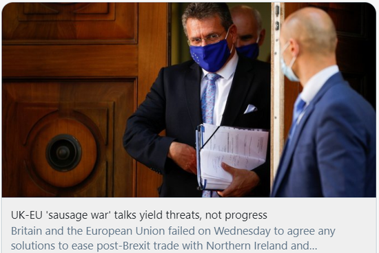  英国与欧盟关于“香肠战争”的对话带来的是威胁而不是进展。/推特截图
