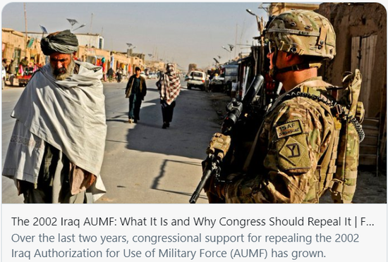 什么是2002年伊拉克战争授权法以及为什么国会应废除它。/推特截图